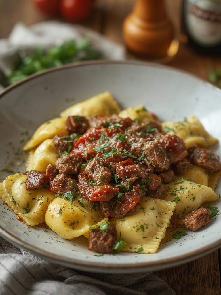 Garlic Steak Tortellini served