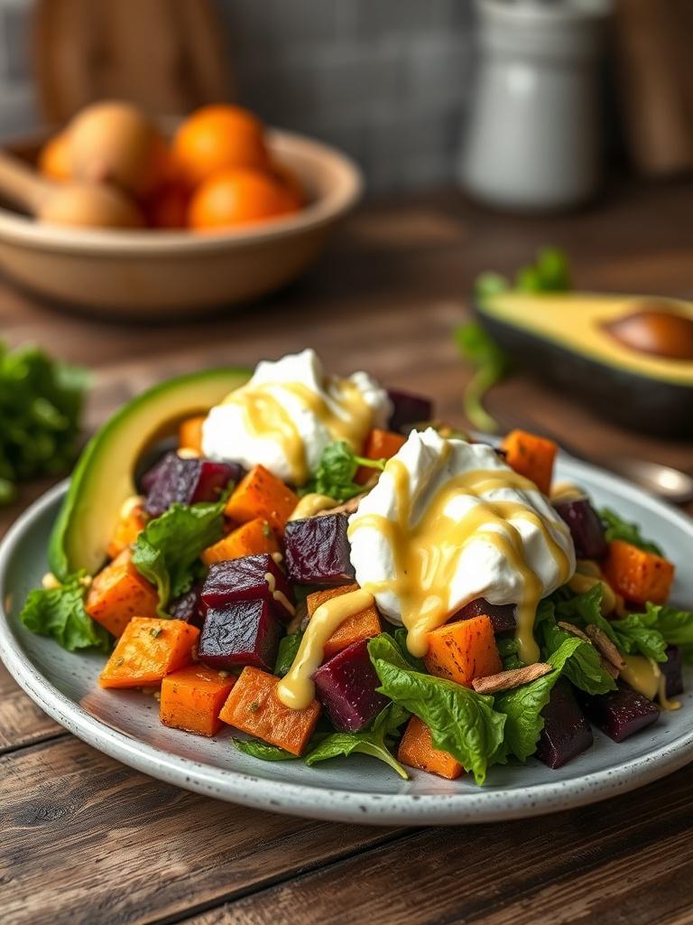 Roasted Beet, Sweet Potato & Avocado Salad with Whipped Ricotta & Lemon-Tahini Drizzle